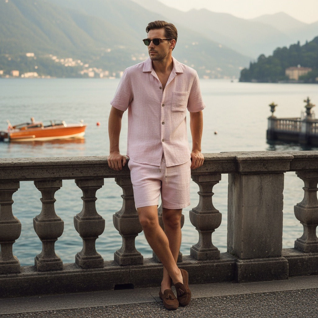 Pink Linen Shirt and Short Set - Pink - Angled Shot
