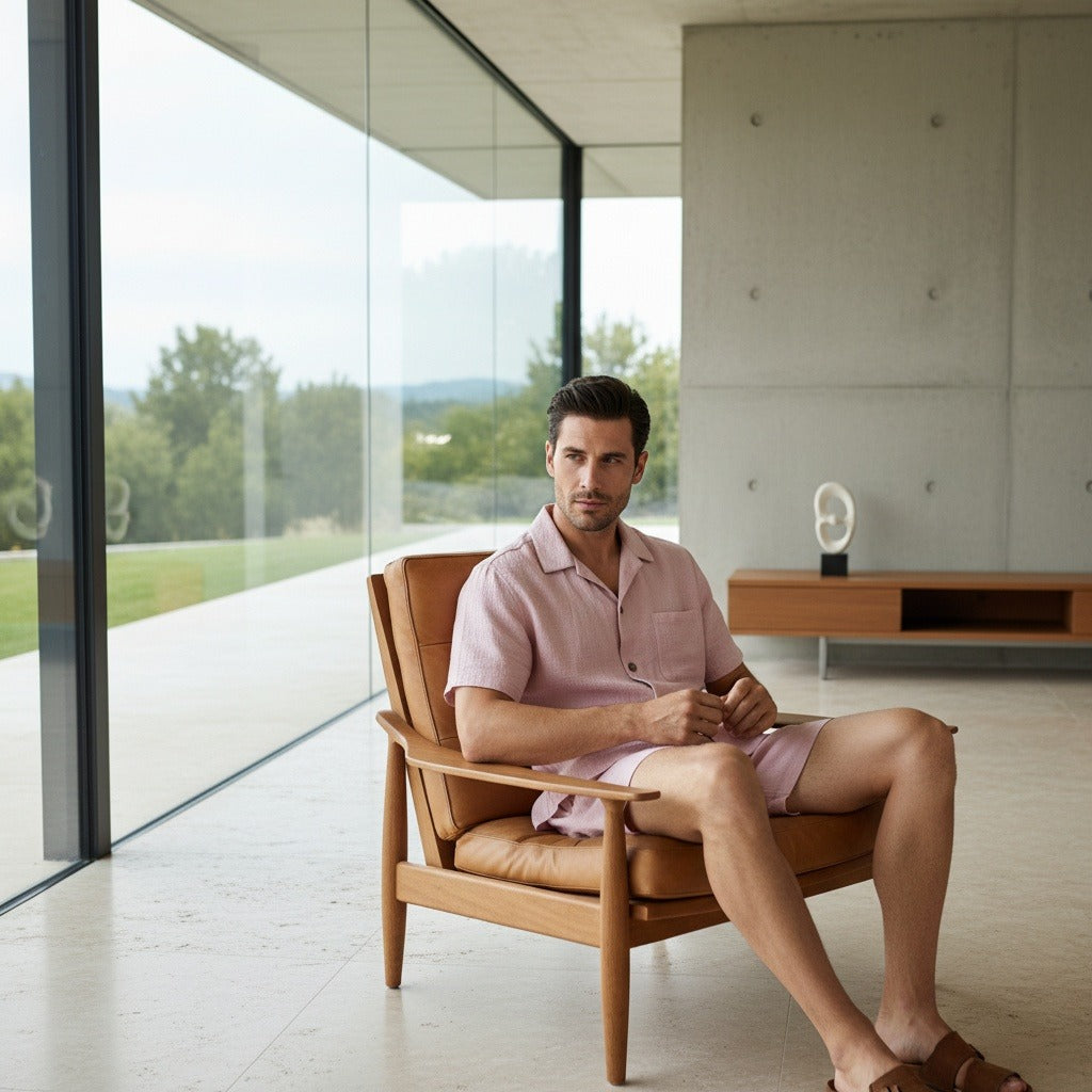 Pink Linen Shirt and Short Set - Pink - Side Profile