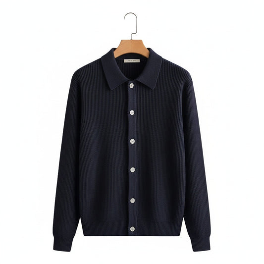 Polo Collar Cardigan Men - Navy Blue - Front View