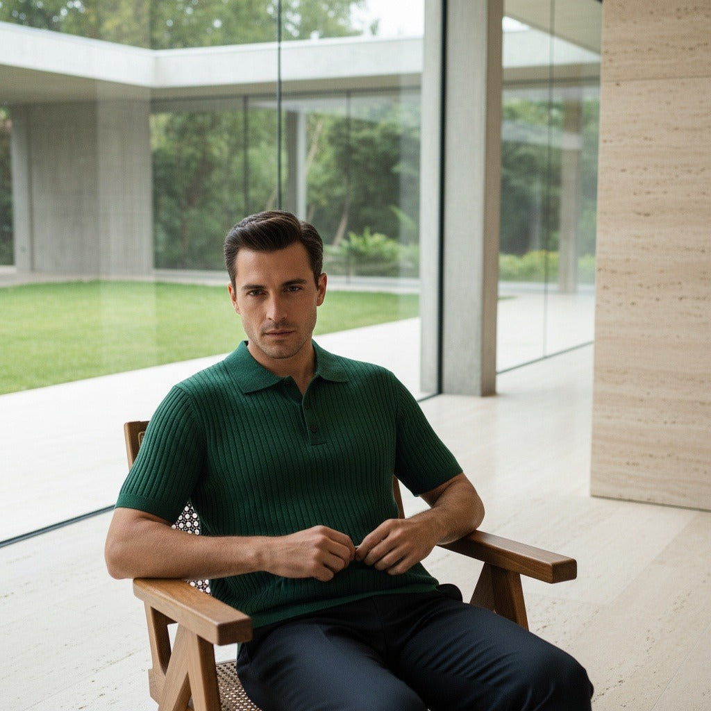 Polo Shirt Striped Men - Forest Green - Side Profile