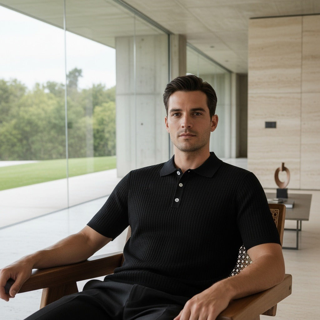 Polo Shirt Striped Men - Black - Side Profile