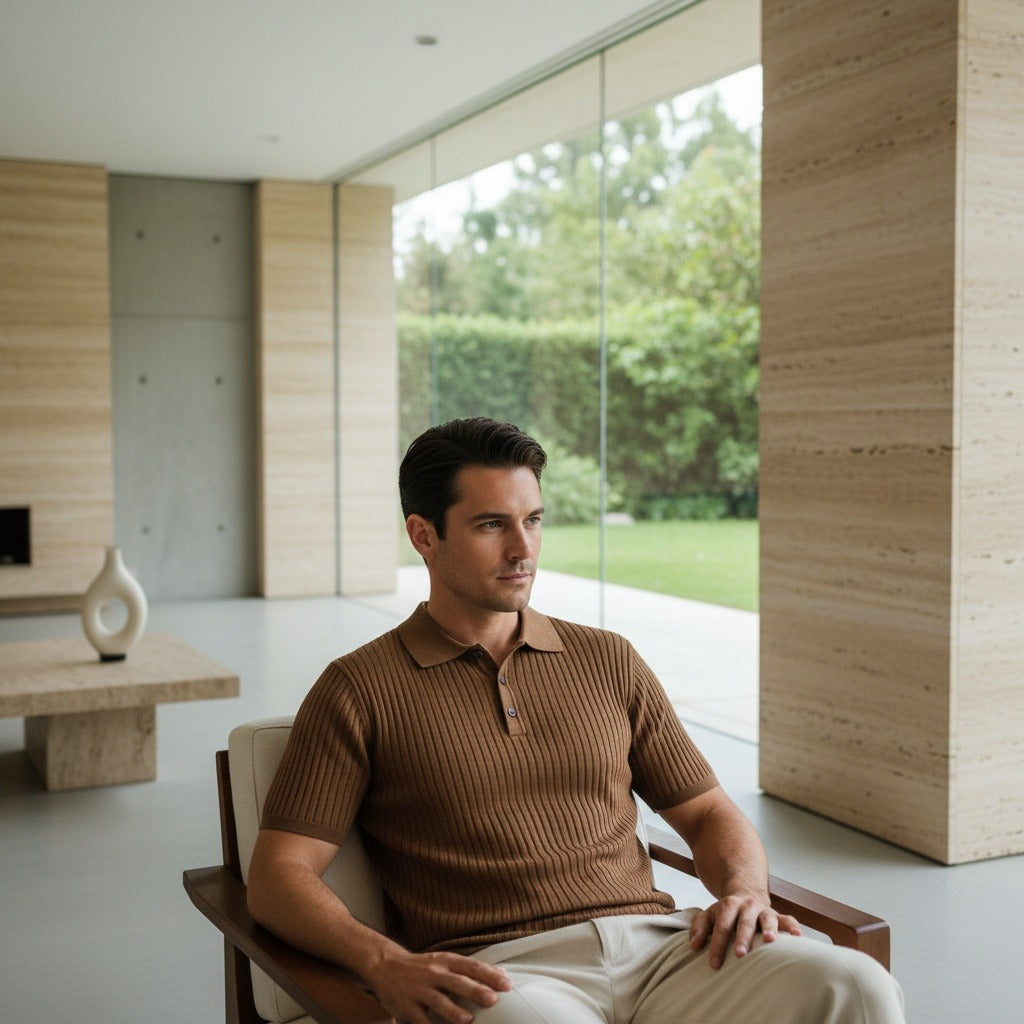 Polo Shirt Striped Men - Brown - Side Profile