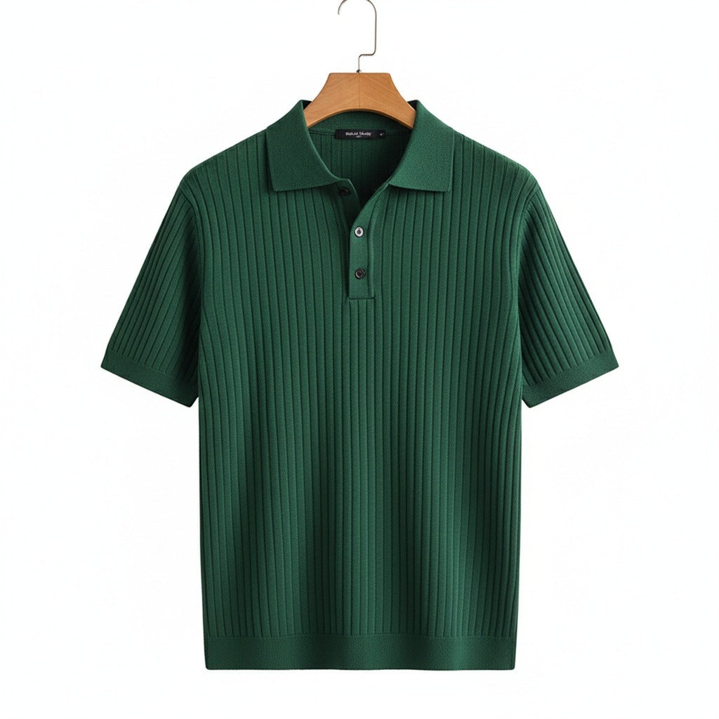 Polo Shirt Striped Men - Forest Green - Front View