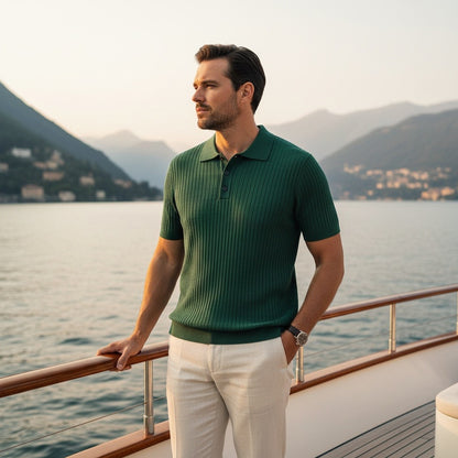 Polo Shirt Striped Men - Forest Green - Angled Shot