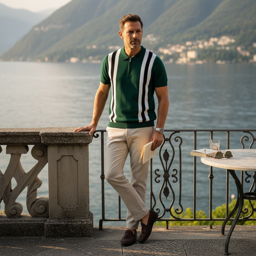 Polo Shirt with Zip - Dark Green - Angled Shot