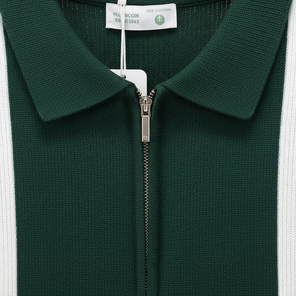 Polo Shirt with Zip - Dark Green - Texture Close Up