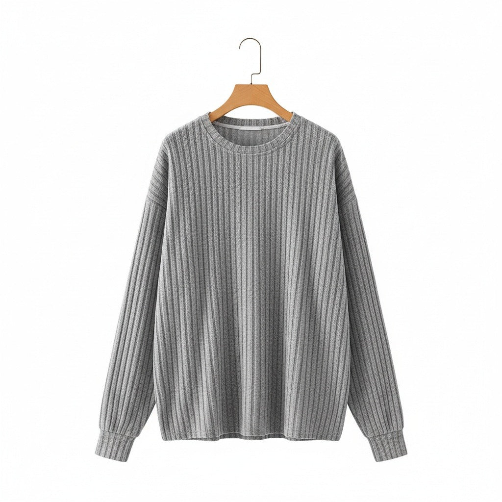 Ribbed Long Sleeve T Shirt - Light Gray - Front View