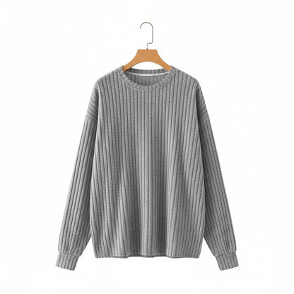 Ribbed Long Sleeve T Shirt - Light Gray - Front View