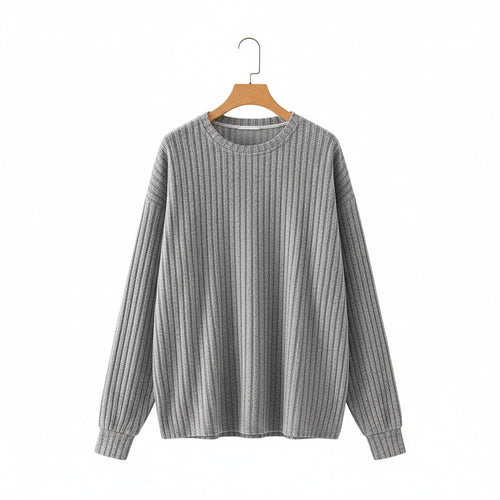 Ribbed Long Sleeve T Shirt - Light Gray - Front View
