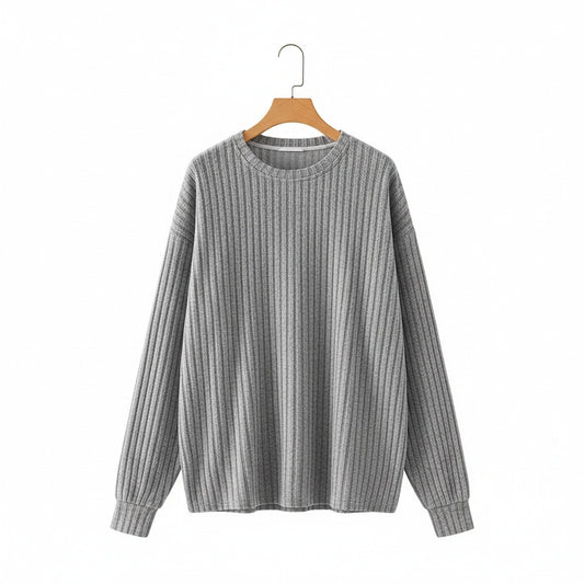 Ribbed Long Sleeve T Shirt - Light Gray - Front View