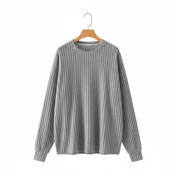 Ribbed Long Sleeve T Shirt - Light Gray - Front View