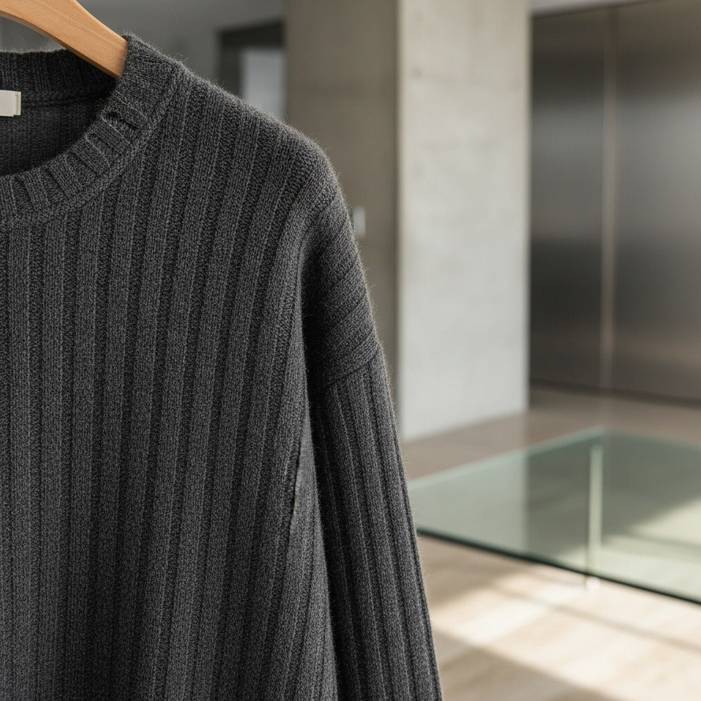 Ribbed Long Sleeve T Shirt - Charcoal Heather - Back View