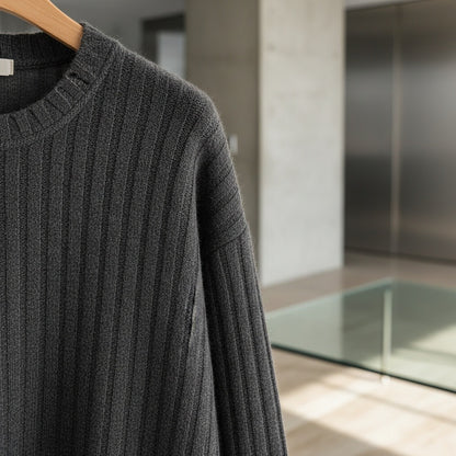 Ribbed Long Sleeve T Shirt - Charcoal Heather - Back View