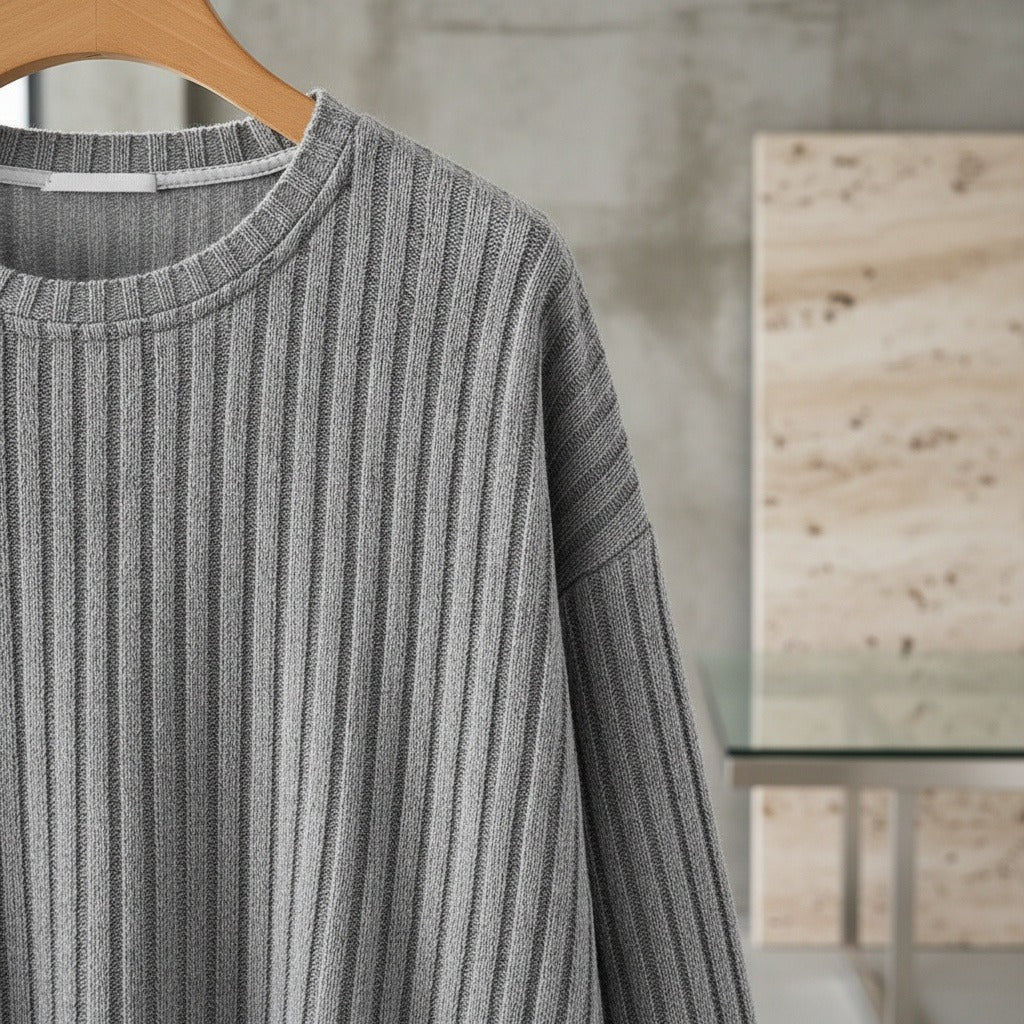 Ribbed Long Sleeve T Shirt - Light Gray - Back View
