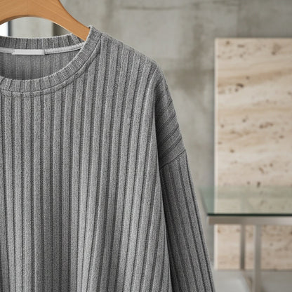 Ribbed Long Sleeve T Shirt - Light Gray - Back View