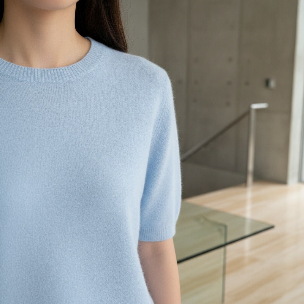 Short Sleeve Cashmere T Shirt - Sky Blue - Back View