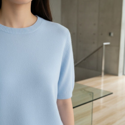 Short Sleeve Cashmere T Shirt - Sky Blue - Back View
