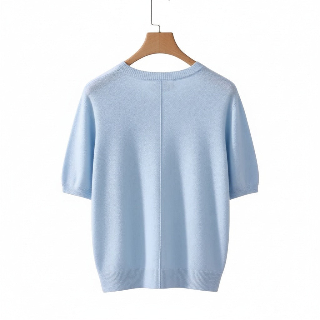 Short Sleeve Cashmere T Shirt - Sky Blue - Fabric Detail