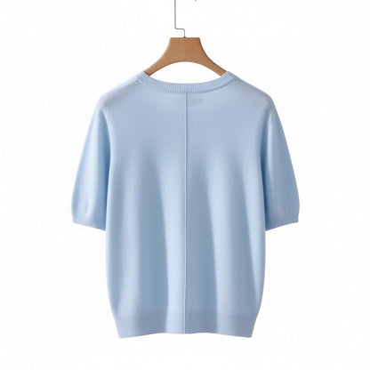 Short Sleeve Cashmere T Shirt - Sky Blue - Fabric Detail