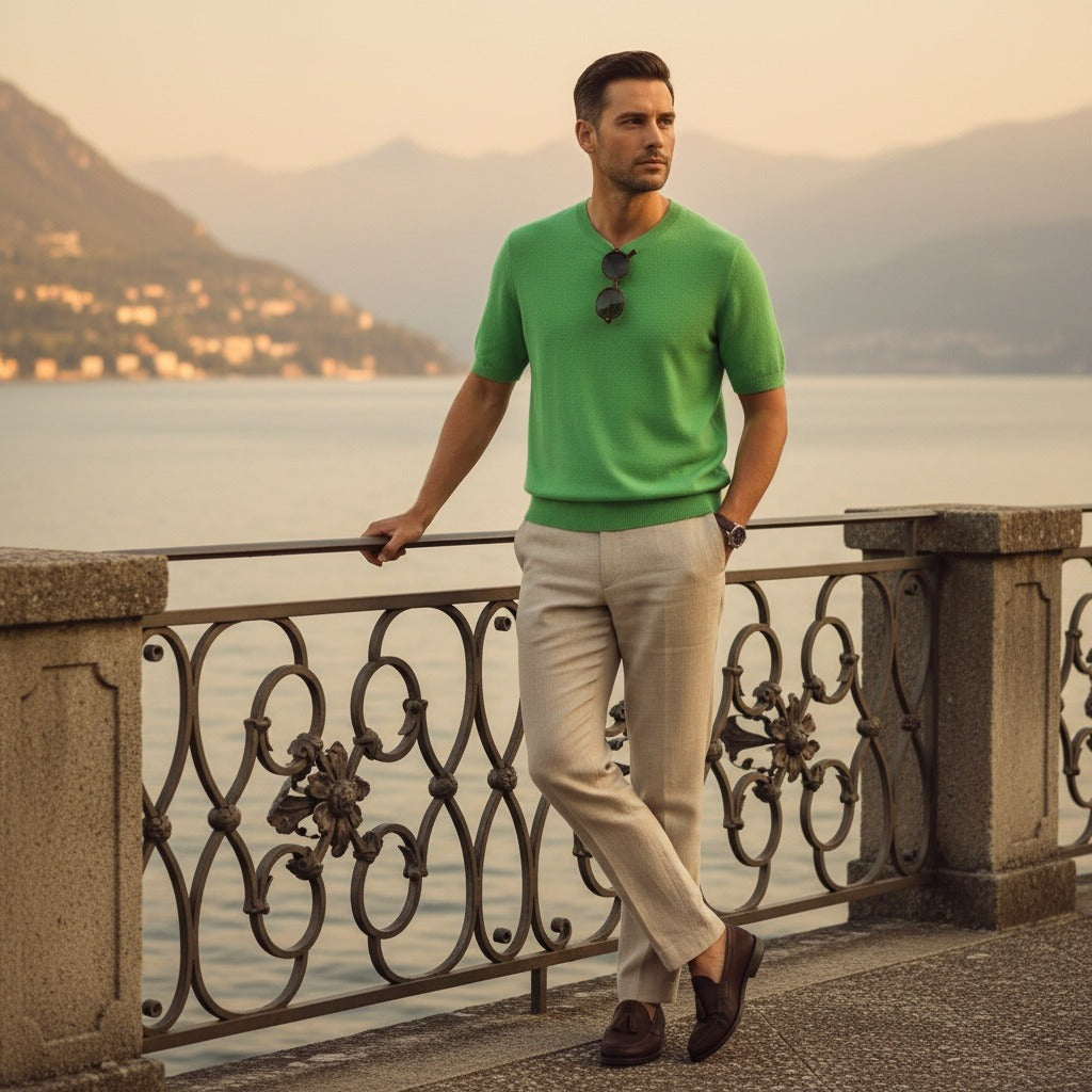 Short Sleeve Cashmere T Shirt - Lime Green - Angled Shot