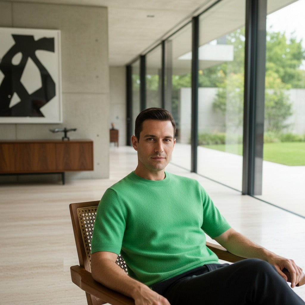 Short Sleeve Cashmere T Shirt - Lime Green - Side Profile