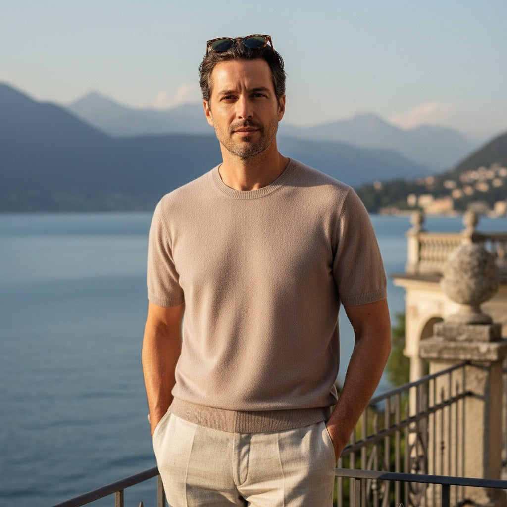 Short Sleeve Cashmere T Shirt - Dusty Rose - Angled Shot
