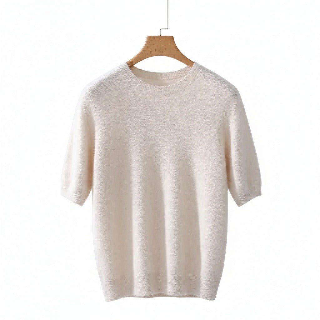 Short Sleeve Cashmere T Shirt - Off-White - Front View