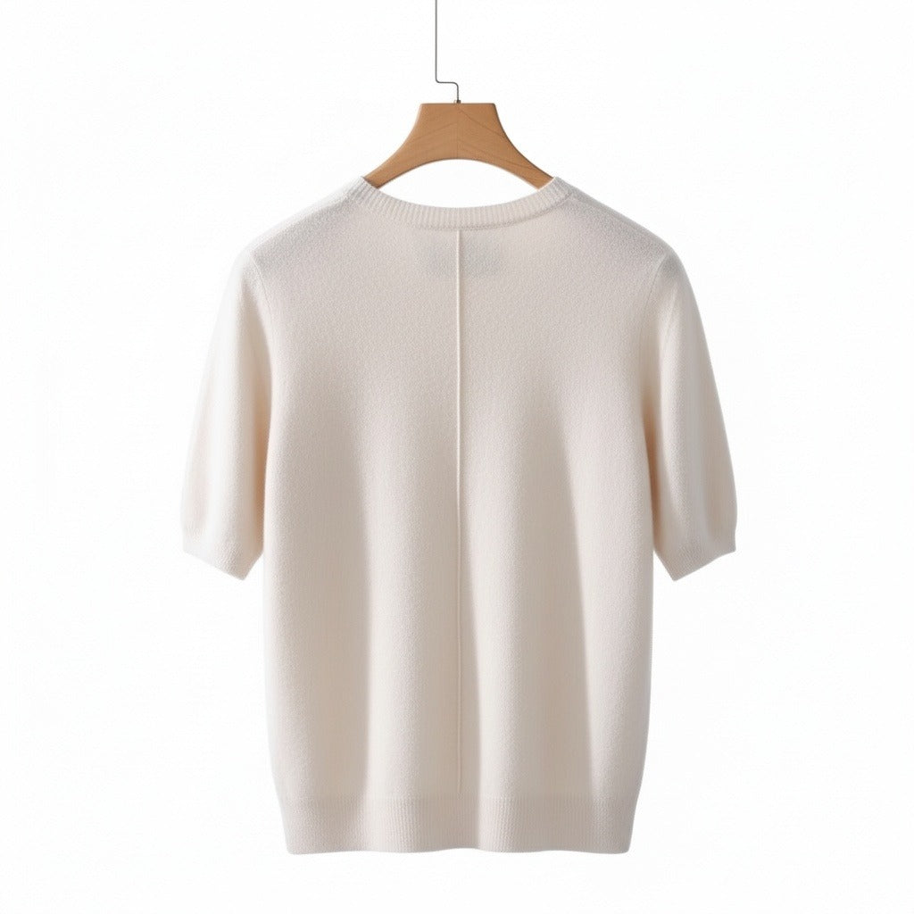 Short Sleeve Cashmere T Shirt - Off-White - Fabric Detail