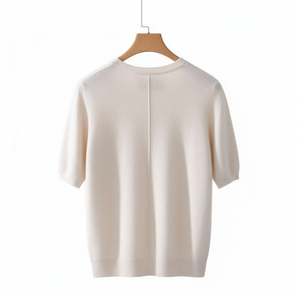Short Sleeve Cashmere T Shirt - Off-White - Fabric Detail