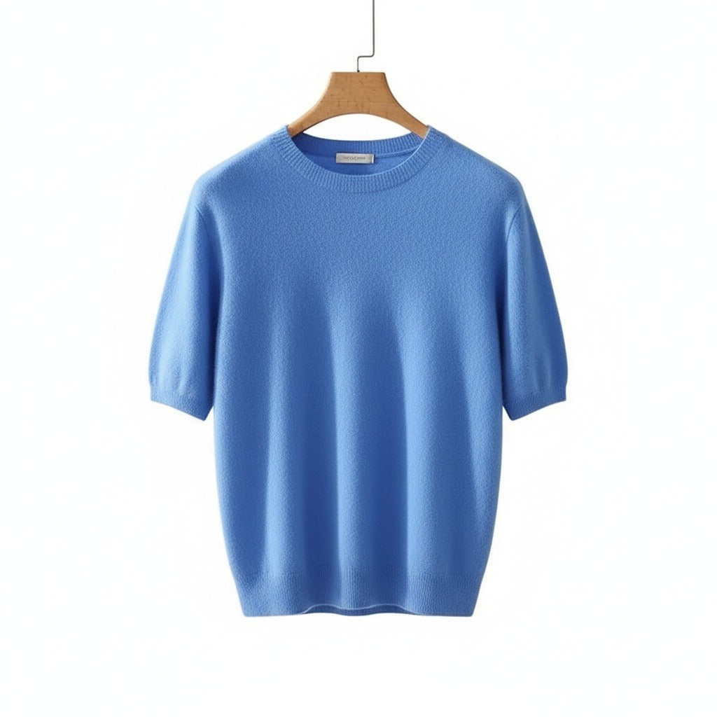 Short Sleeve Cashmere T Shirt - French Blue - Front View