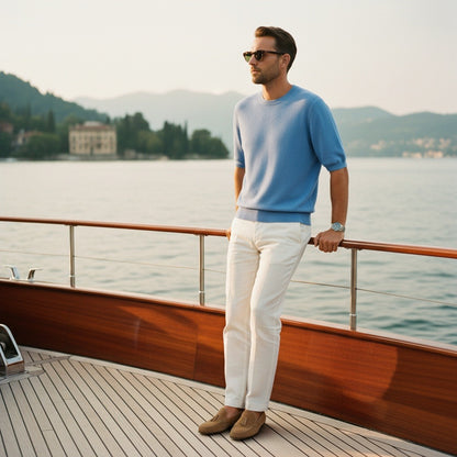 Short Sleeve Cashmere T Shirt - French Blue - Angled Shot