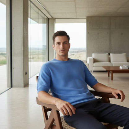 Short Sleeve Cashmere T Shirt - French Blue - Side Profile