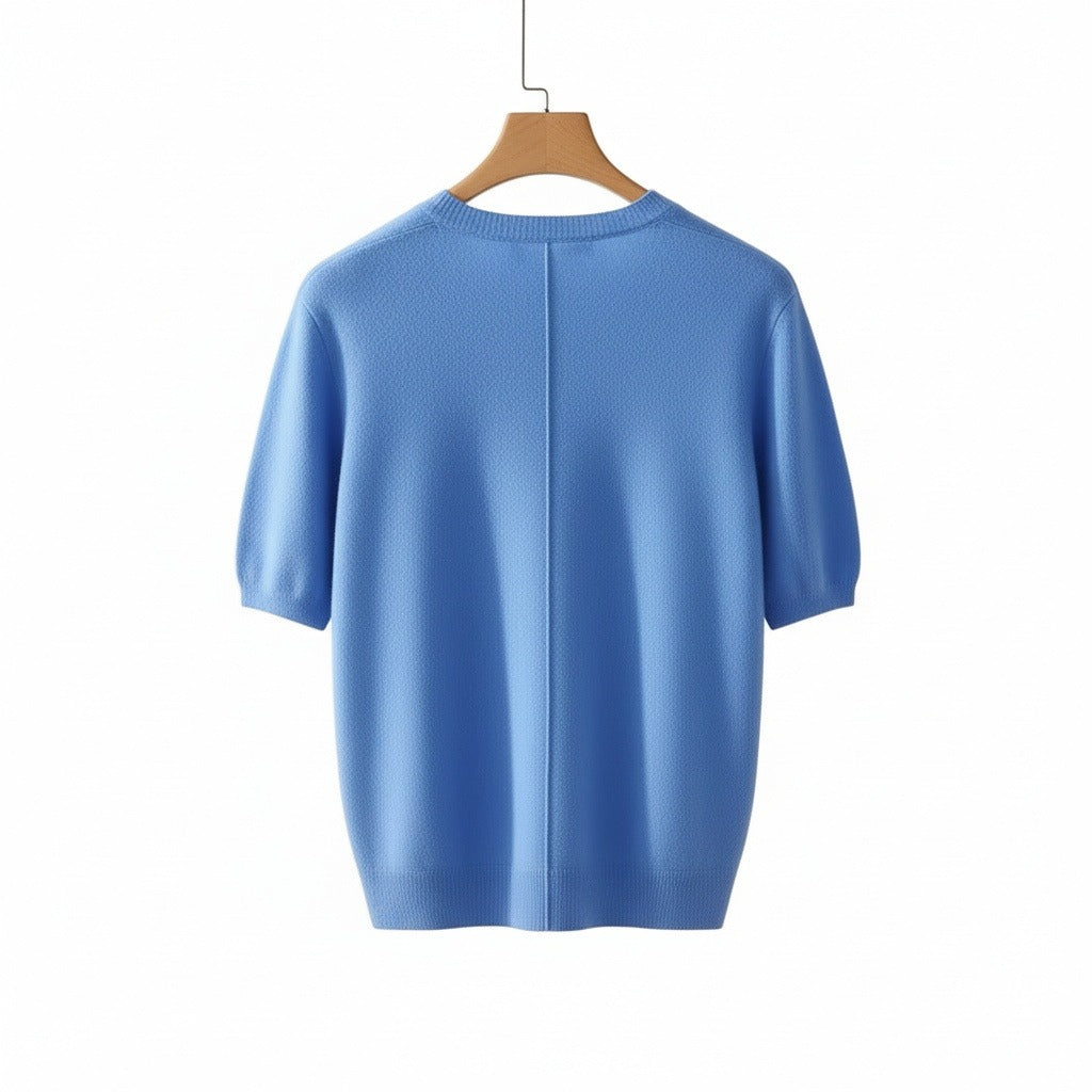 Short Sleeve Cashmere T Shirt - French Blue - Fabric Detail