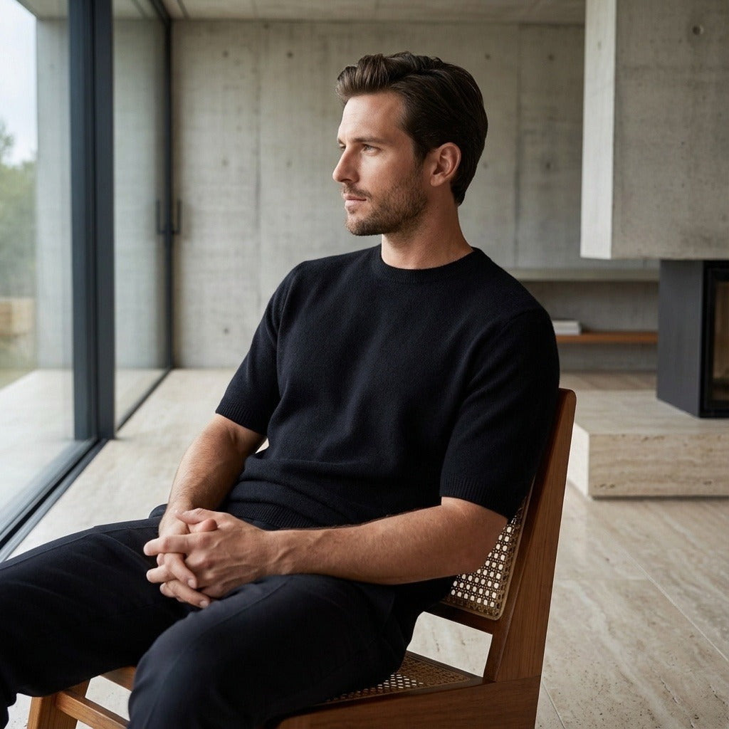Short Sleeve Cashmere T Shirt - Onyx Black - Side Profile