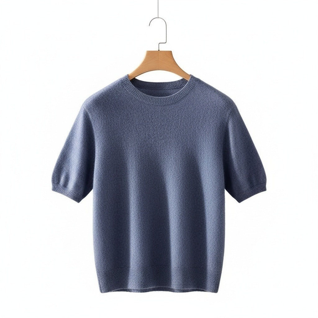 Short Sleeve Cashmere T Shirt - Slate Blue - Front View