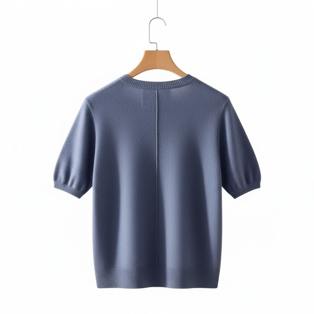 Short Sleeve Cashmere T Shirt - Slate Blue - Fabric Detail
