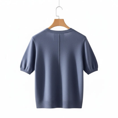 Short Sleeve Cashmere T Shirt - Slate Blue - Fabric Detail