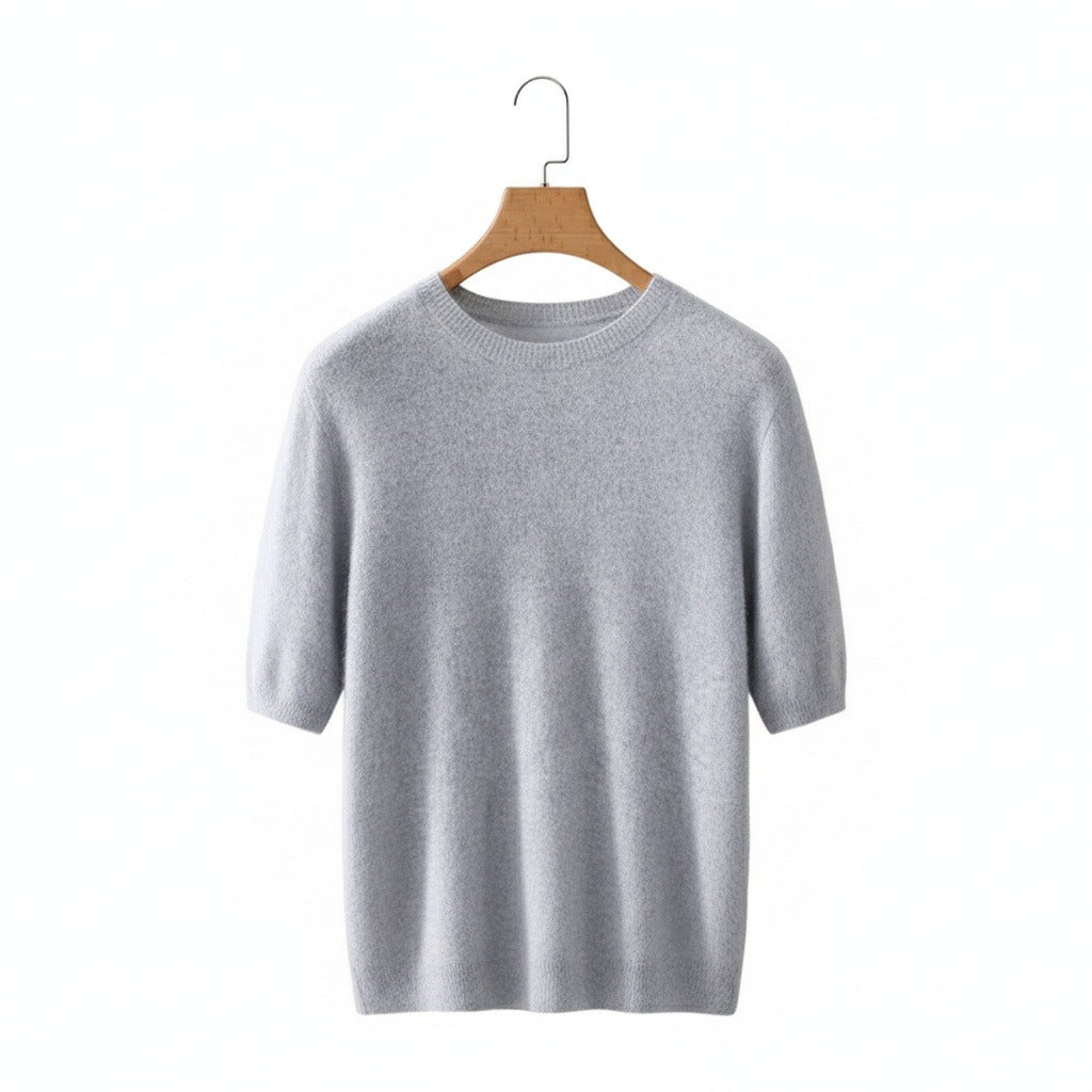 Short Sleeve Cashmere T Shirt - Light Gray - Front View