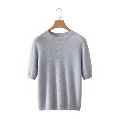 Short Sleeve Cashmere T Shirt - Light Gray - Front View