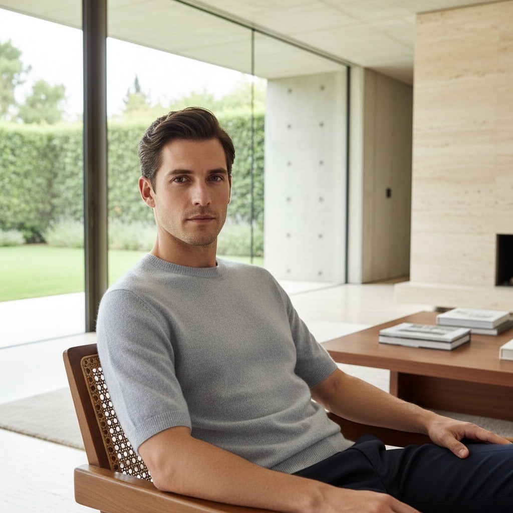 Short Sleeve Cashmere T Shirt - Light Gray - Side Profile