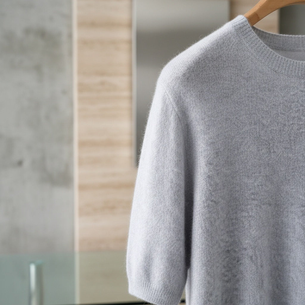 Short Sleeve Cashmere T Shirt - Light Gray - Back View