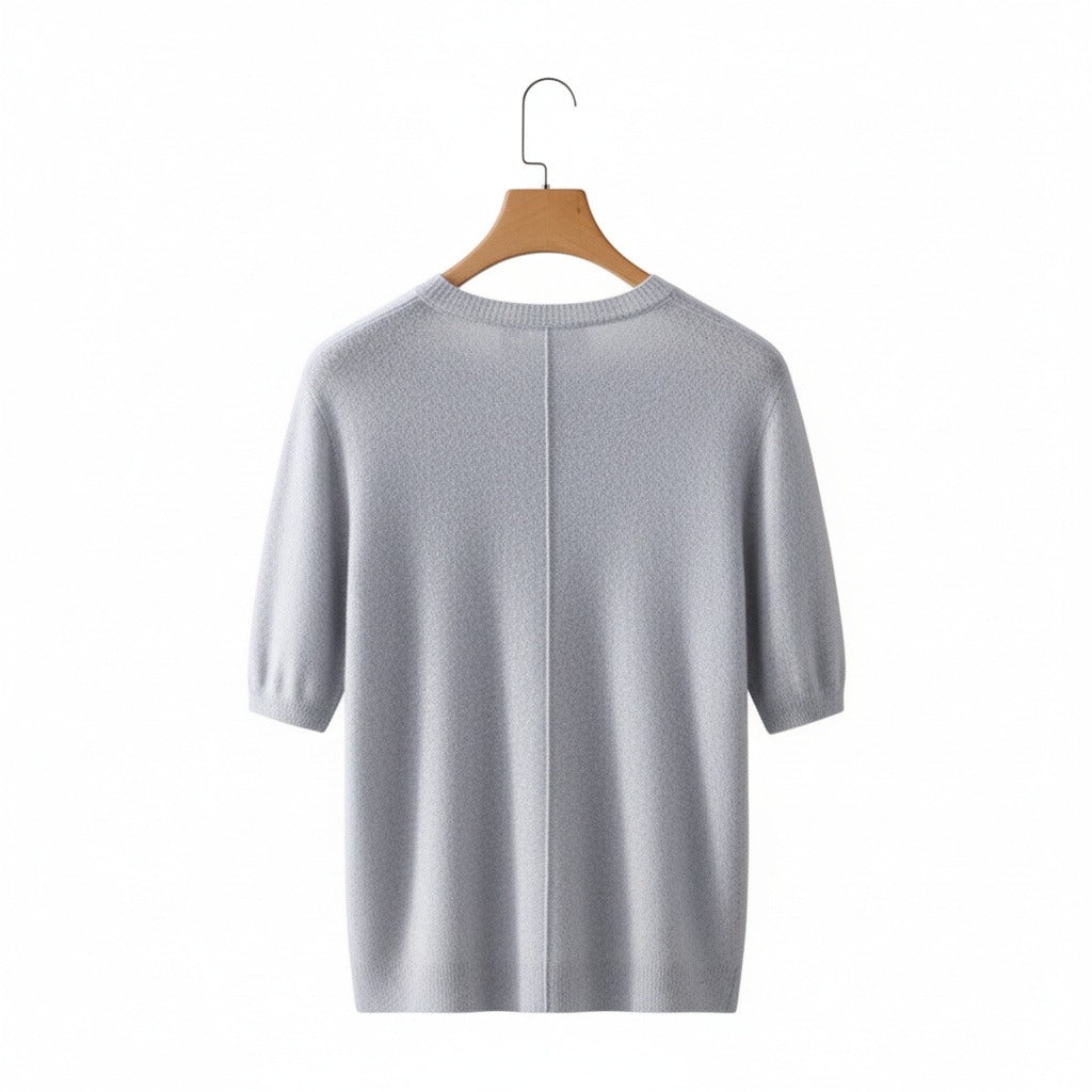Short Sleeve Cashmere T Shirt - Light Gray - Fabric Detail
