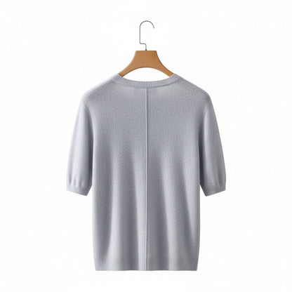 Short Sleeve Cashmere T Shirt - Light Gray - Fabric Detail