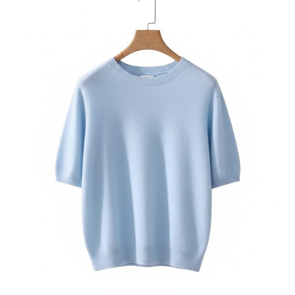 Short Sleeve Cashmere T Shirt - Sky Blue - Front View