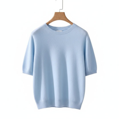 Short Sleeve Cashmere T Shirt - Sky Blue - Front View