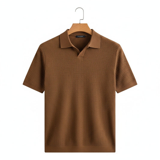 Short Sleeve Cotton Polo Shirt - Brown - Front View