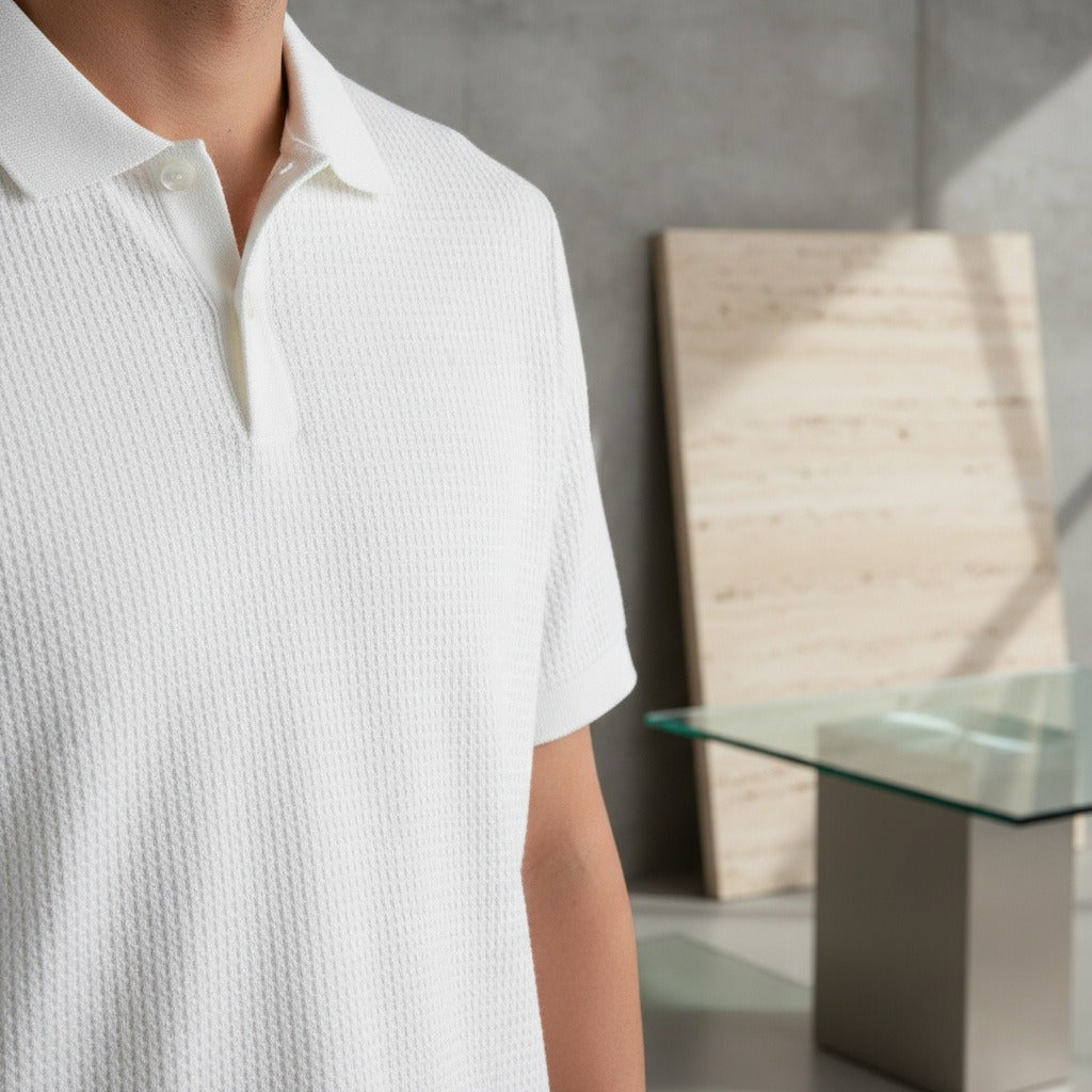 Short Sleeve Cotton Polo Shirt - White - Back View