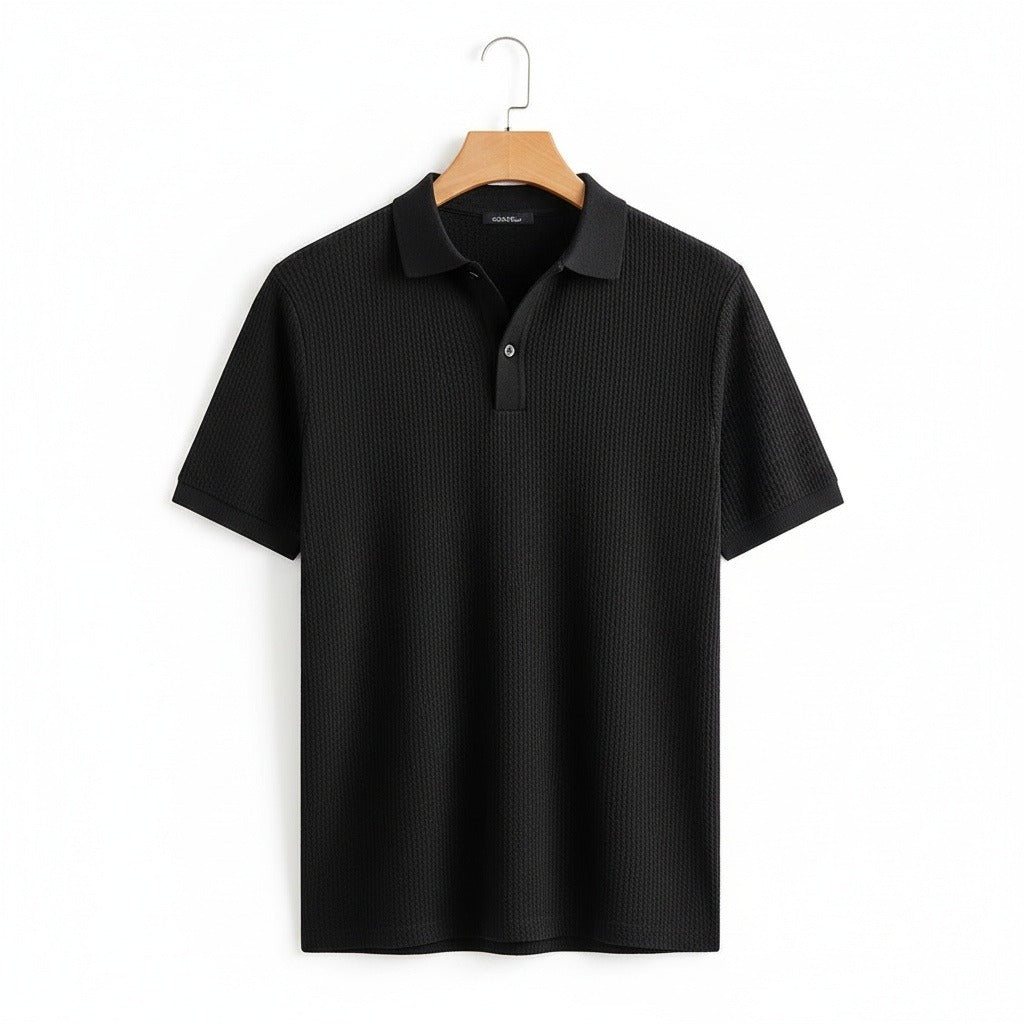 Short Sleeve Cotton Polo Shirt - Black - Front View