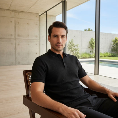 Short Sleeve Cotton Polo Shirt - Black - Side Profile