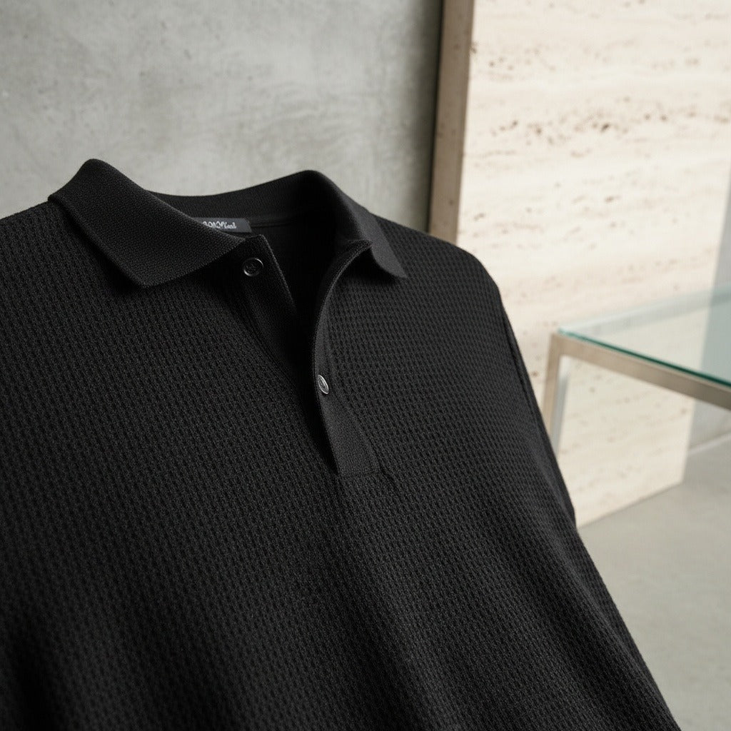 Short Sleeve Cotton Polo Shirt - Black - Back View